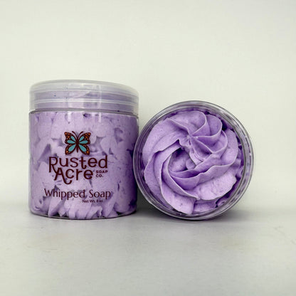 Front and top profile of Calm Lavender whipped soap from Rusted Acre Soap Company