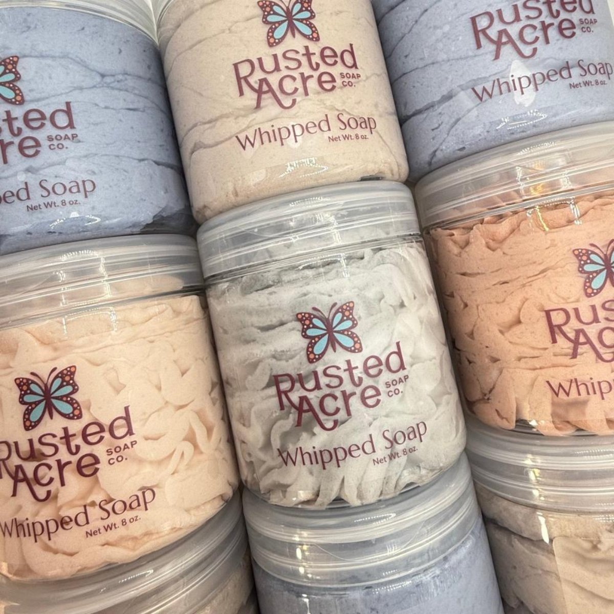 Multiple jars of Rusted Acre Soap Company's Mens Whipped Soap