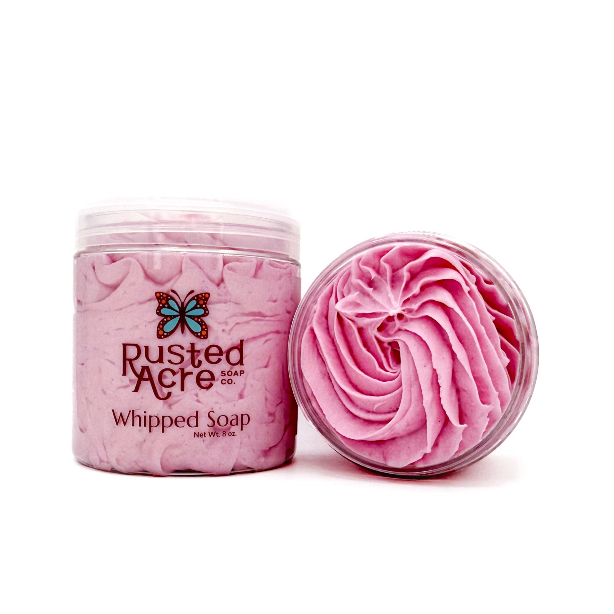 Front and top profile of Raspberry Vanilla whipped soap from Rusted Acre Soap Company