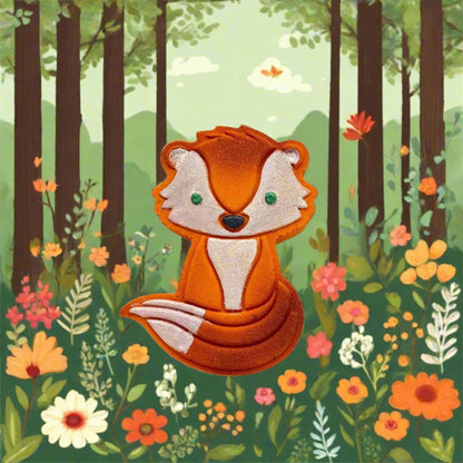 A orange fox shaped bath bomb hand-painted white face, chest, and tail tip. Green eyes, black nose, airbrush highlights in a forest with colorful flowers.