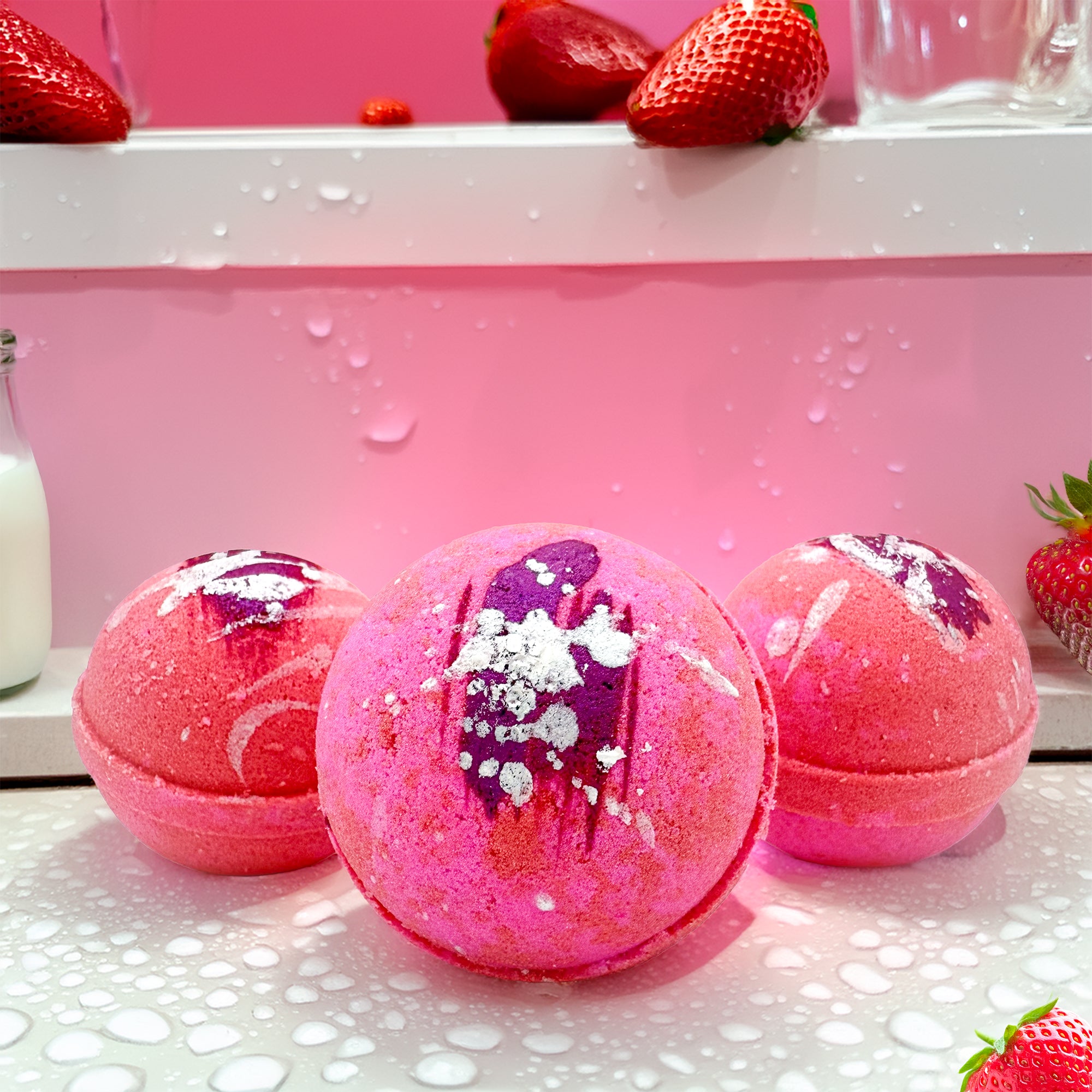 Rusted Acre Soap Co Strawberry and Cream bath bombs in a lifestyle setting.